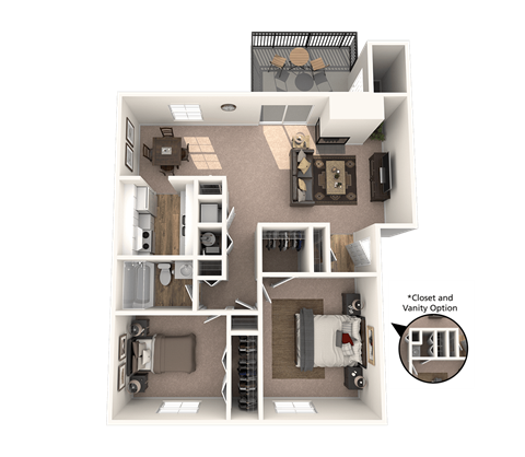 A detailed 3D floor plan of a small apartment with a kitchen, living room, and bedroom.